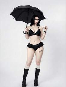 ROMWE Goth Women's Solid Color Minimalist Daily Swimsuit Set - Black - View 6