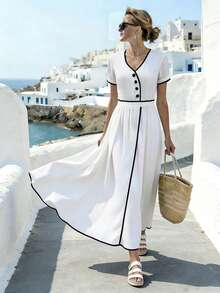 Ellegaria. Women's Elegant Long Dress With Trim Button Design Short Sleeves - Apricot - View 6