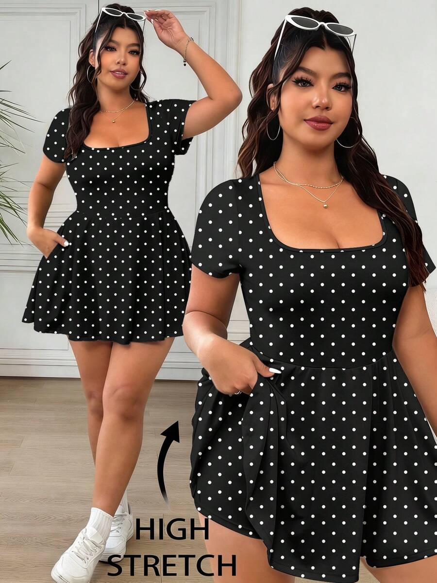 Solflare Bộ áo liền quần tay ngắn dáng rộng, tối giản, họa tiết chấm bi retro dành cho nữ, thích hợp cho mùa hè. - Nhiều màu - Xem 1