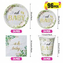 Green Leaf Oh Baby 一次性餐盘、餐巾纸和杯子，派对用品套装，可供 24 人使用，一次性纸质派对餐具，适合生日、婚礼、主题派对、家庭野餐。 - 查看 2