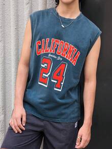 Open Phase 男士水洗“篮球风格 - 篮球传奇 24”做旧无袖背心，复古美式，男女皆宜，宽松版型夏季服装 - 适合日常穿着和夏季度假服装。 - 藍色 - 查看 4