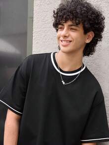 Open Phase Men Contrast Trim Drop Shoulder Tee , Retro American, Unisex, Relaxed Fit Summer Outfits – Suitable For Everyday Wear And Summer Holiday Outfits. - Black - View 4