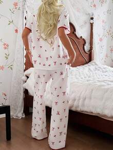 SHEIN Bow & Cherry Print Bubble Crinkle Cardigan Short Sleeve & Pants Women Pajama Set - Red - View 3
