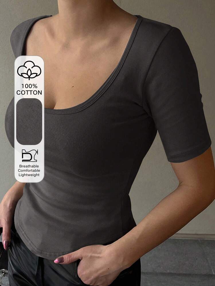 Women's Solid Color Square Neck Short Sleeve Fitted Casual T-Shirt