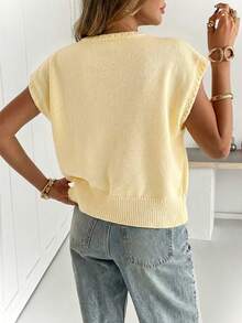 Siren Gaze Women's Solid Color Round Neck Short Sleeve Casual Loose Knit Top - Light Yellow - View 2