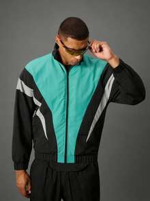 Acti Log Men's Patchwork Stand Collar Black Multi-Color Zipper Front Jacket,Autumn Smart Sporty Vacation Versatile Athletic Gym Fitness Workout Activewear - Black - View 3