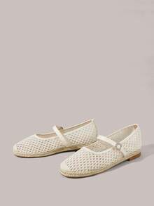 Styleloop Giày nữ phối lưới ren, đính đá, khóa tròn, kiểu thắt lưng, mũi tròn, đế bằng, phong cách Pháp thanh lịch, dịu dàng, đế rơm, màu mơ. Thích hợp cho du lịch nghỉ dưỡng và hẹn hò. - Màu be - Xem 3