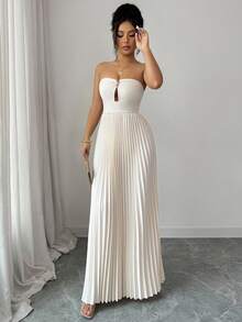 Elenzga Vestido elegante sin tirantes de unicolor con diseño de metal y dobladillo plisado para mujer - Albaricoque - View 5