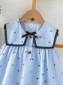 SHEIN Elladie kids 女童休閒夏季仙女派對洋裝，淺藍黑色小碎花方領設計，附可愛蝴蝶結蕾絲飾邊，優雅穿搭，藍色蝴蝶 - 藍色 - 查看 6
