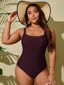 Swim Lushoire Baju Renang Terusan Wanita Ukuran Besar Warna Polos untuk Liburan Pantai Musim Panas - Burgundy - View 4