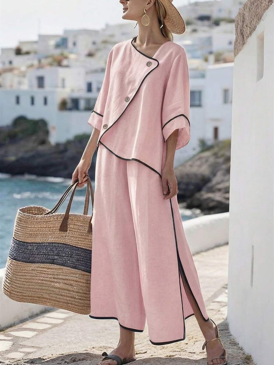 SHEIN Holidaya 女士休闲度假两件套,撞色不对称肩部设计,七分袖直筒裤,纯色设计,适合通勤、日常穿着、居家,阔腿中腰不对称裤脚,适合春、夏、秋季穿着。 - 彩色 - 查看 1