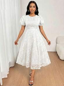 SHEIN Lady 女士时尚优雅圆领短袖中长连衣裙 - 白色 - 查看 7