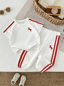 SHEIN 女嬰 2件/套 春季套裝 白色與紅色 夏季休閒城市度假運動風 寬鬆刺繡短澎澎袖上衣&條紋長褲 - 白色 - 查看 4