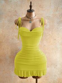 Mistrie 女士性感抽绳迷你紧身连衣裙，夏季时尚绿色吊带迷你连衣裙，后背系带，适合派对之夜，女士夜店装扮，性感女士 - 黃色 - 查看 4