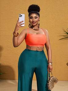 Maweii 大码女式橙绿撞色吊带露脐上衣+镂空金属环高腰阔腿连体裤 - 彩色 - 查看 6