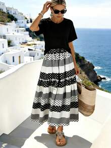 Balvessa Women's A-Line Polka Dot Patchwork Skirt - Black and White - View 1