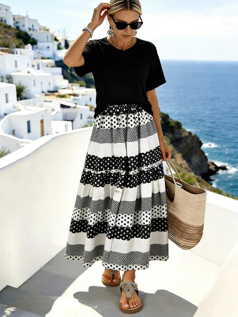 Balvessa Women's A-Line Polka Dot Patchwork Skirt - Black and White - View 1