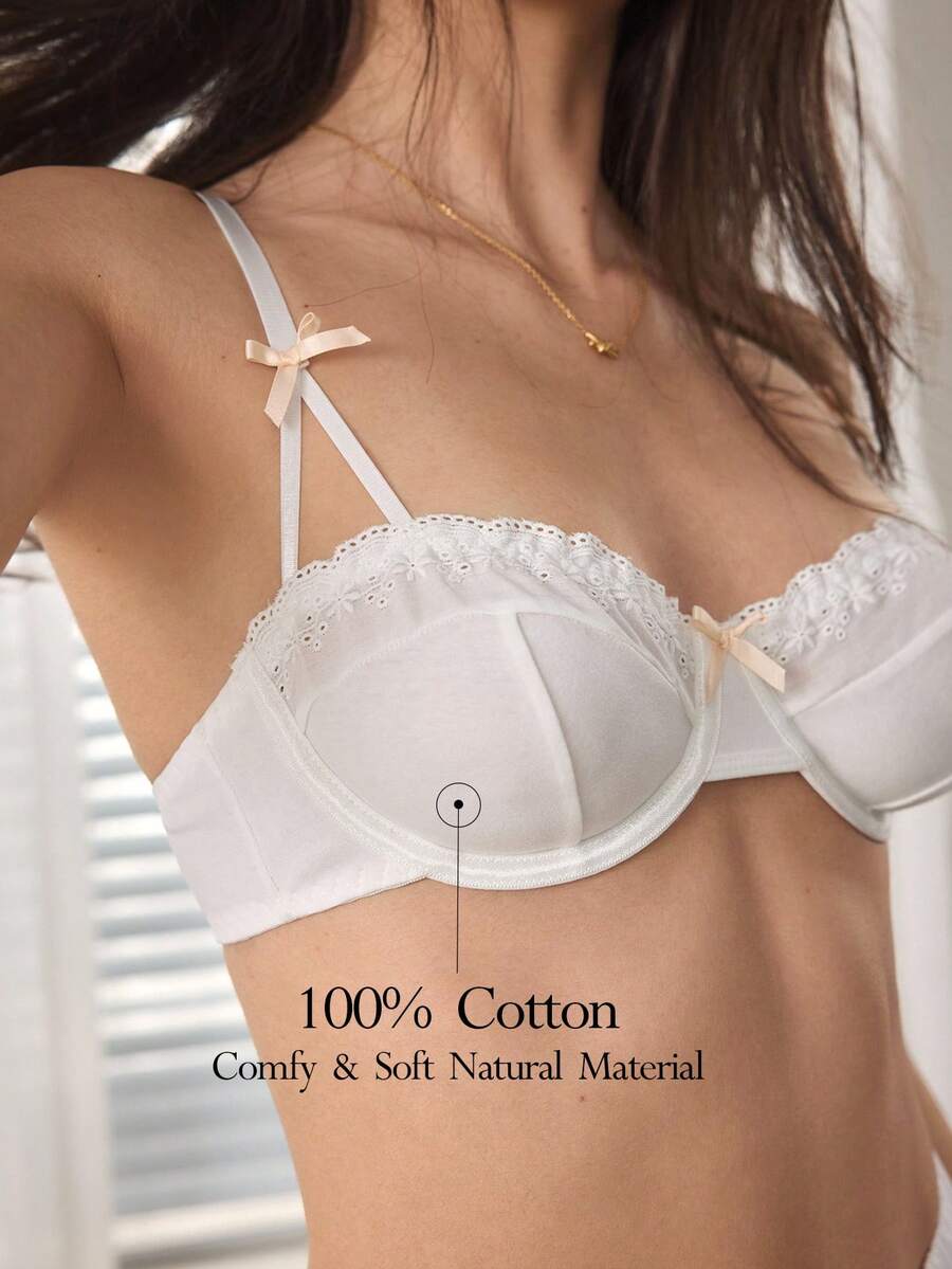 Ocili 女士蝴蝶结装饰花卉刺绣图案休闲舒适文胸 - 白色 - 查看 1