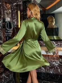 SilkySpell Women's Solid Color Lace Patchwork Camisole Dress And Long Sleeve Robe Pajama Set - Olive Green - View 2