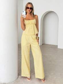 Siren Gaze Bộ áo hai dây và quần dài kẻ sọc mùa hè năng động - Màu vàng - Xem 5