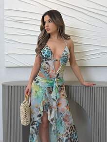 Jemour Slit Fitted & Elegant Floral Leopard Print Vacation Dress With Beading, Suitable For Beach Vacation, Vacation Maxi Dress, Beach Dress, Backless Dress, Spring/Summer Party - Mint Green - View 5
