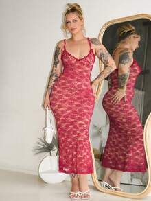 Arliah Váy ôm body ren dệt kim màu trơn cho nữ - Màu Đỏ Sâu - Xem 4