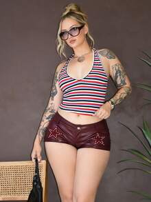 Arliah 性感深V领彩虹条纹紧身吊带背心 - 彩色 - 查看 1