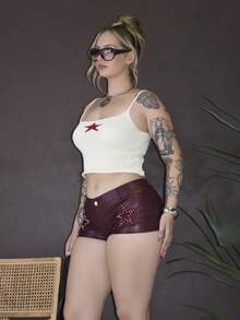 Arliah 女士星星图案修身针织毛衣，夏季休闲装 - 杏色 - 查看 4