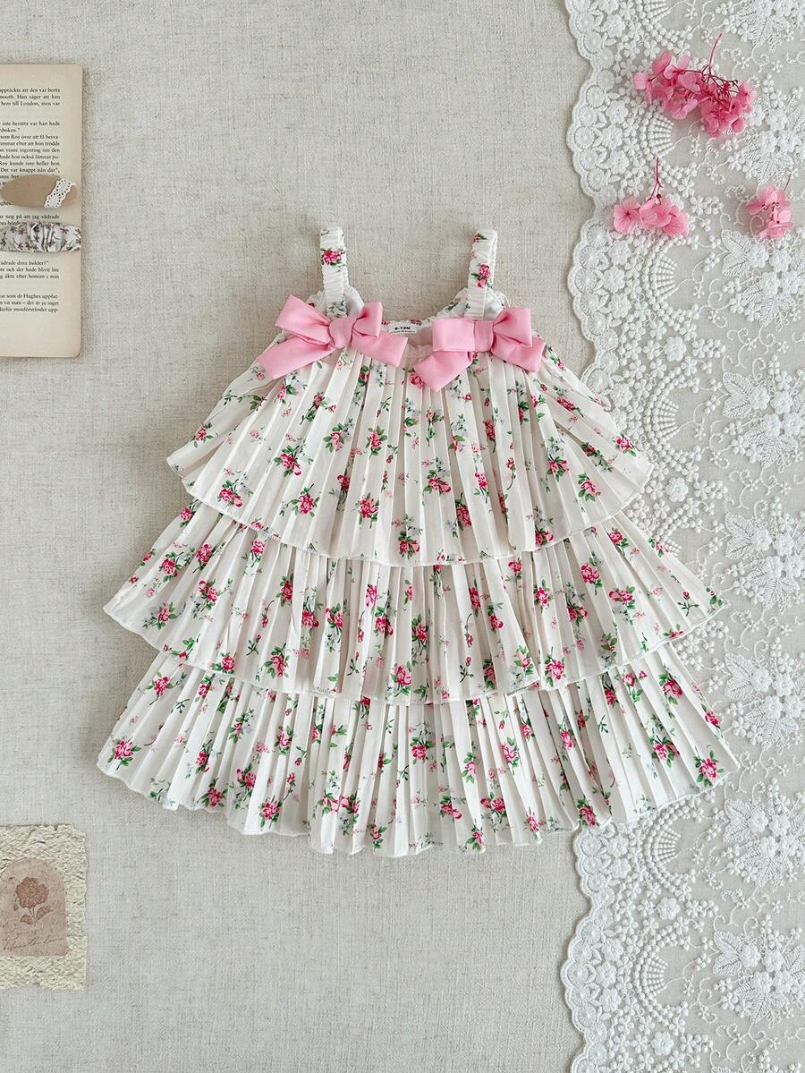 SHEIN Vintaside Kids Baby Girl Fashion Cute Sleeveless Pleated Cake Skirt, Summer Gradient Color Sling Design, Suitable For Party Vacation - Pink - View 1