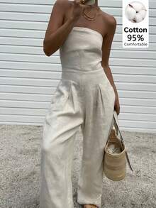 Muchica Apricot Linen Sexy Backless Strapless Jumpsuit, A Casual Jumpsuit With A Simple Woven Strapless Pleated Design, Suitable For Women's Country Style.Business Professional Women - Apricot - View 3