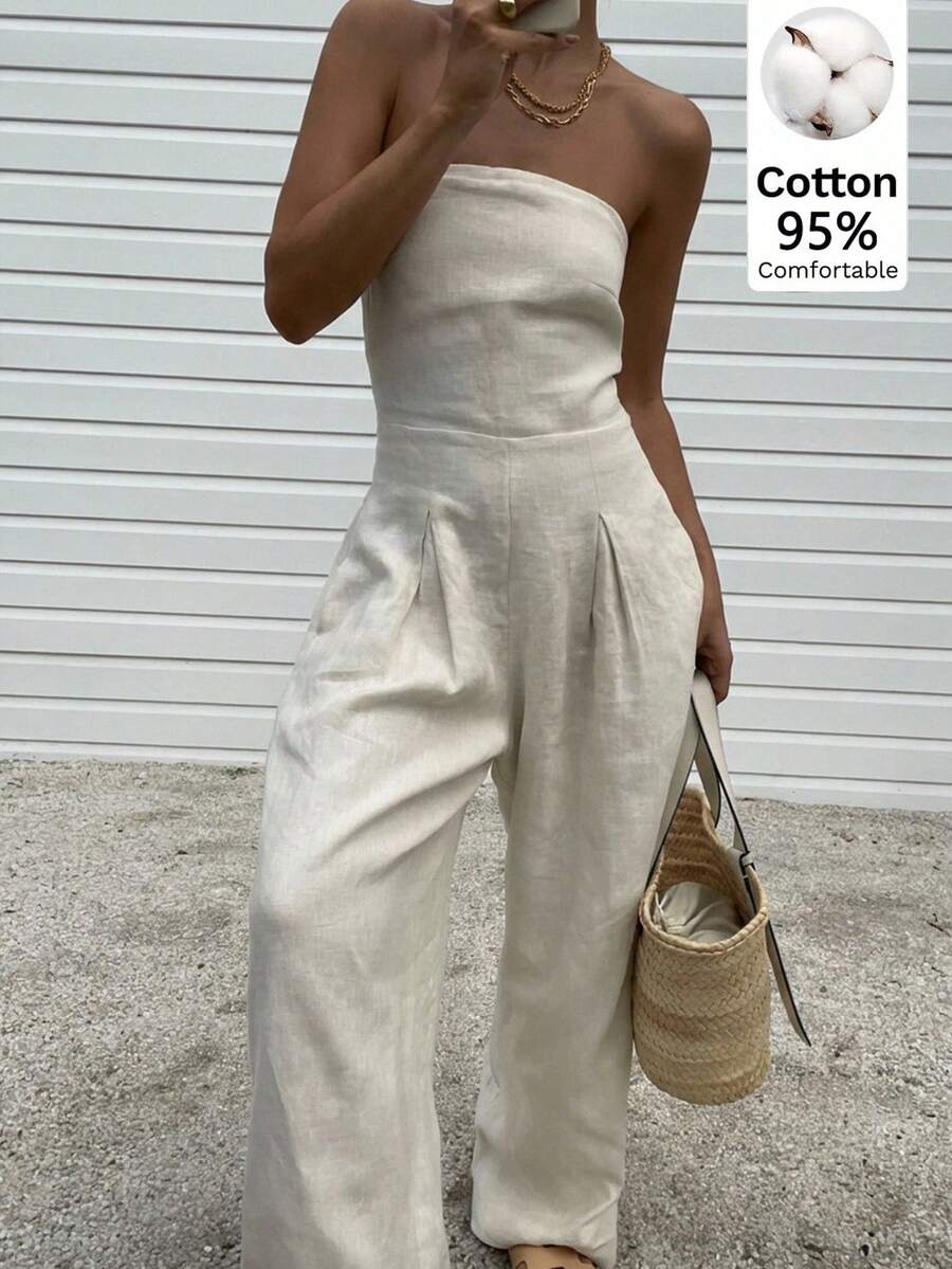 Muchica 杏色编织抹胸褶皱极简设计休闲连体裤 - 杏色 - 查看 1