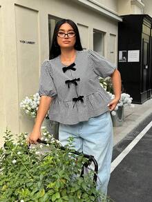 Comfortcana Áo kiểu nữ cỡ lớn đi nghỉ mát biển, áo ngủ babydoll, áo sơ mi tay ngắn kẻ caro đen trắng có nơ trang trí, thích hợp cho mùa xuân hè. - Đen và trắng - Xem 3