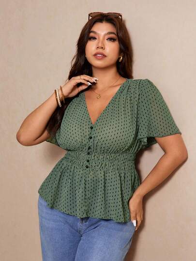 Elaquor Plus Size Green Polka Dot V-Neck Ruffle Sleeve Gathered Waist Blouse, Elegant Doll Collar Shirt, Suitable For Dates, Office Wear