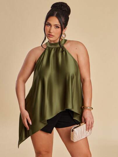 SHEIN BAE Plus Size Fashionable Sexy Halter Neck Tie Asymmetric Hem Blouse,Women's Plus Size Satin Halter Neck Asymmetrical Hem Top Elegant Sleeveless Shirt
Women's Glamorous Plus Size Halter Neck Satin Top Flowy Asymmetrical Blouse
Chic Plus Size Women's High Neck Satin Asymmetrical Flowy Blouse For Party Wear
