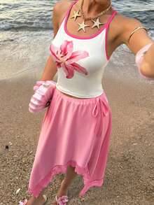 Selianne Ce Top de camisole à imprimé floral pour femmes, associé à une jupe asymétrique color-block de type trapèze en dentelle, est un ensemble parfait pour diverses occasions, notamment les vacances à la plage, les rendez-vous, les fêtes et les sorties. - Multicolore - Voir 6