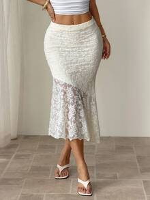 SHEIN PETITE 女士不对称纹理杏色美人鱼半身裙，万圣节，秋冬女装，外出半身裙，时尚，乡村风，奶油色半身裙，优雅蕾丝半身裙，美人鱼蕾丝半身裙 - 白色 - 查看 3