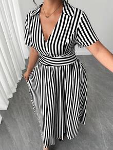 Elenzga 大码女式休闲条纹V领短袖抽绳腰长连衣裙，夏季斑马纹印花套装，Zanzea女式连衣裙，条纹连衣裙，大码夏季连衣裙，条纹长裙，大码女式夏季套装 - 黑與白 - 查看 4