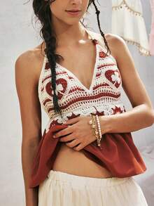 SoleilVie Áo croptop nữ tối giản đan móc họa tiết cỏ ba lá khoét rỗng cổ yếm - Cà phê nâu - Xem 3