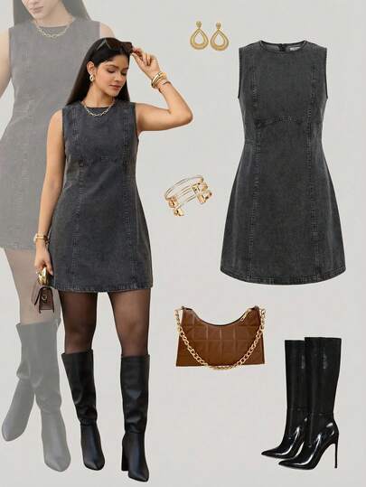 Zelara Vestido vaquero de cuello redondo y sin mangas de moda informal para tallas grandes
