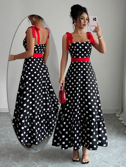 SHEIN Tall Women's Contrast Color Polka Dot Print Spaghetti Strap Mid-Length Dress