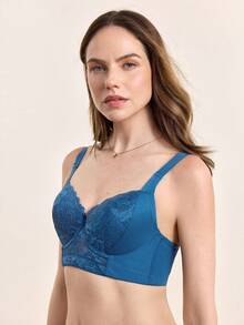 蜜桃女孩蓝色蕾丝性感内衣，女士聚拢胸罩，舒适防下垂文胸 - 藍色 - 查看 5