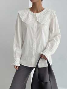 DAZY Eyelet Embroidery Statement Collar Flounce Sleeve Blouse,Long Sleeve Tops,Fall Women Clothes - White - View 2