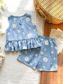 SHEIN Vintaside Kids 两件套女童纯色圆领无袖上衣和宽松纯色短裤套装 - 藍色 - 查看 2