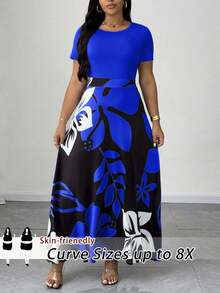 SHEIN CURVE+ 大码女装春夏印花圆领修身短袖优雅长连衣裙，适合外出、办公、通勤、日常休闲穿着、约会等场合。 - 藍色 - 查看 1