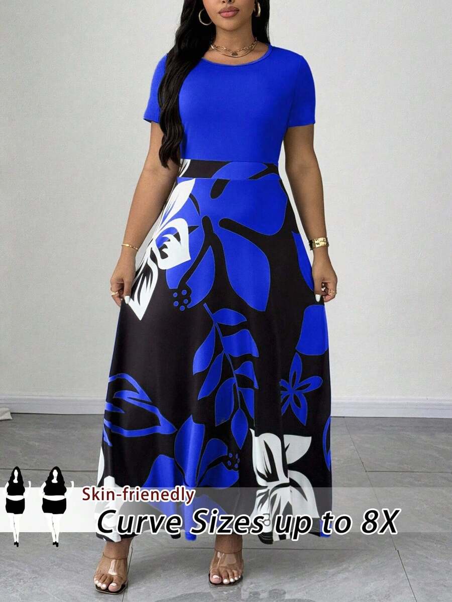 SHEIN CURVE+ 大码女装春夏印花圆领修身短袖优雅长连衣裙,适合外出、办公、通勤、日常休闲穿着、约会等场合。 - 藍色 - 查看 1