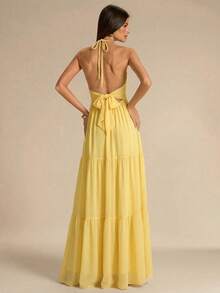 SHEIN BAE Đầm xếp tầng cổ chữ V màu vàng nhạt, lãng mạn, thích hợp cho hẹn hò, đi nghỉ mát ở biển, đi chơi, dự đám cưới, mùa xuân/hè. - Vàng nhạt - Xem 7