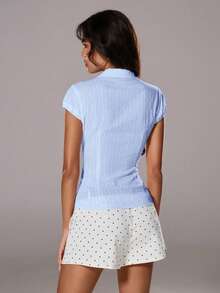 TRNVIE 女士纹理领修身短袖衬衫，胸前纽扣条纹，白色，适合夏季办公室通勤 - 淺藍色 - 查看 2