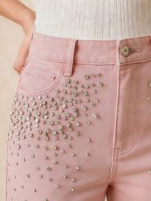 Anewsta Women's Straight-Leg Elegant Party Pants With Rhinestones, Suitable For Spring, Valentine's Day, Christmas, And Formal Occasions - Pink - View 3