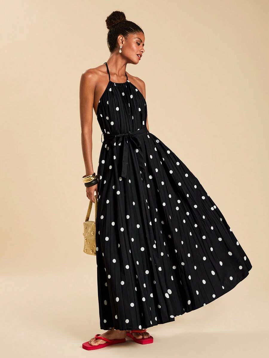 Travachic Đầm cổ yếm xếp ly chấm bi dành cho nữ - màu đen - Xem 1