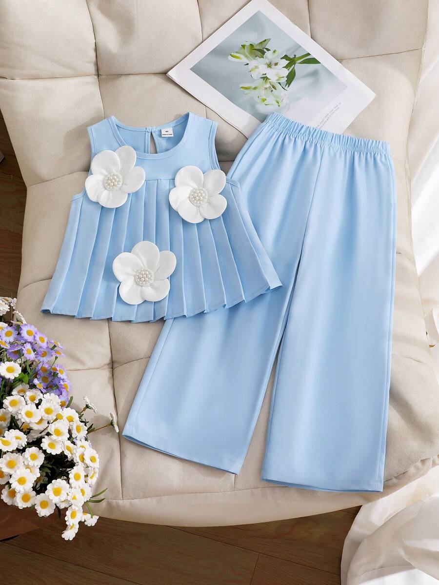 Elladie kids Bộ đồ thể thao tối giản thanh lịch dành cho bé gái, gồm áo không tay xếp ly họa tiết hoa 3D màu trắng trơn và quần ống đứng rộng, thích hợp mặc hàng ngày vào mùa xuân/hè. - Màu xanh lam - Xem 1